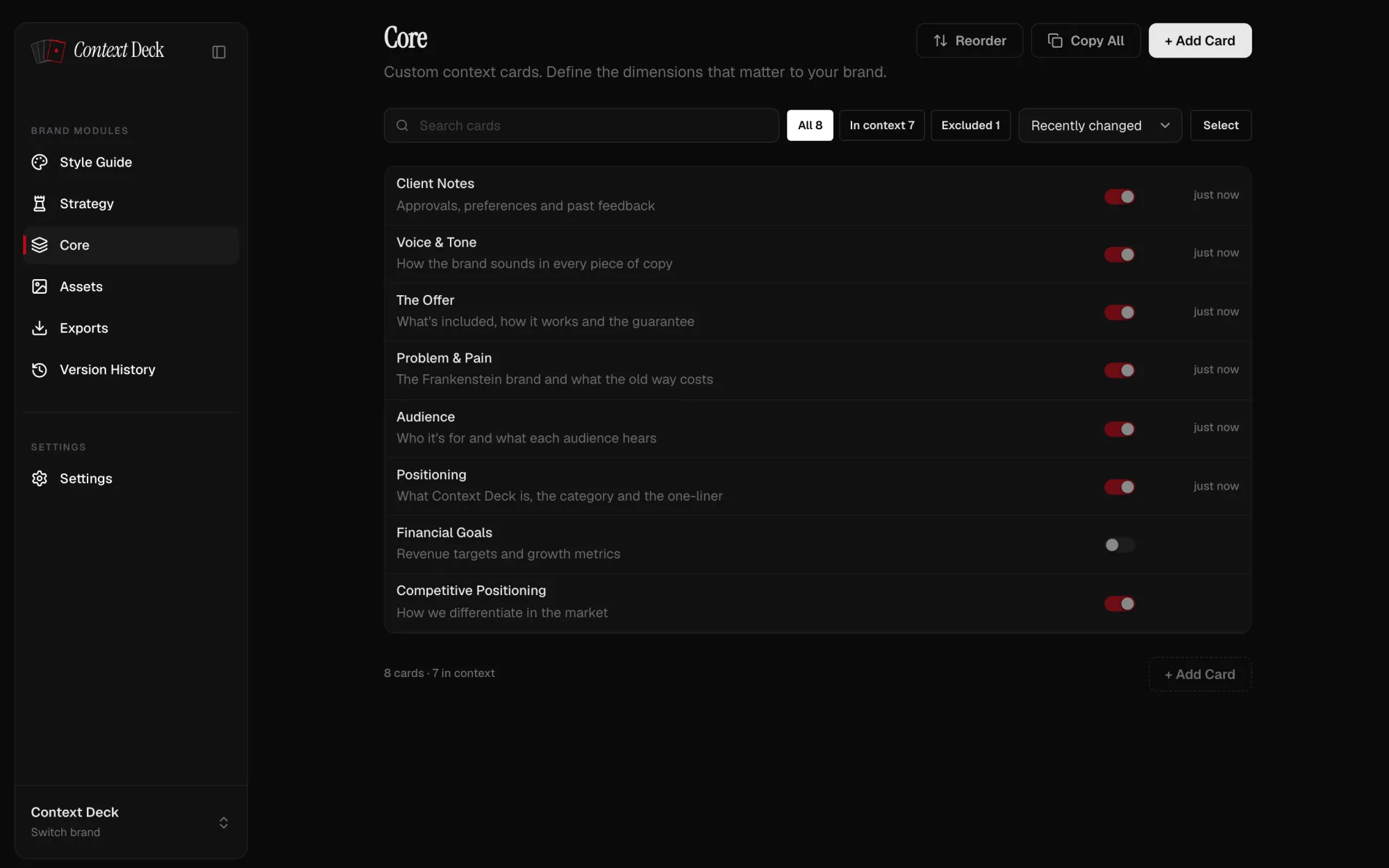 Context Deck's brand context cards, one card per topic your agents can read