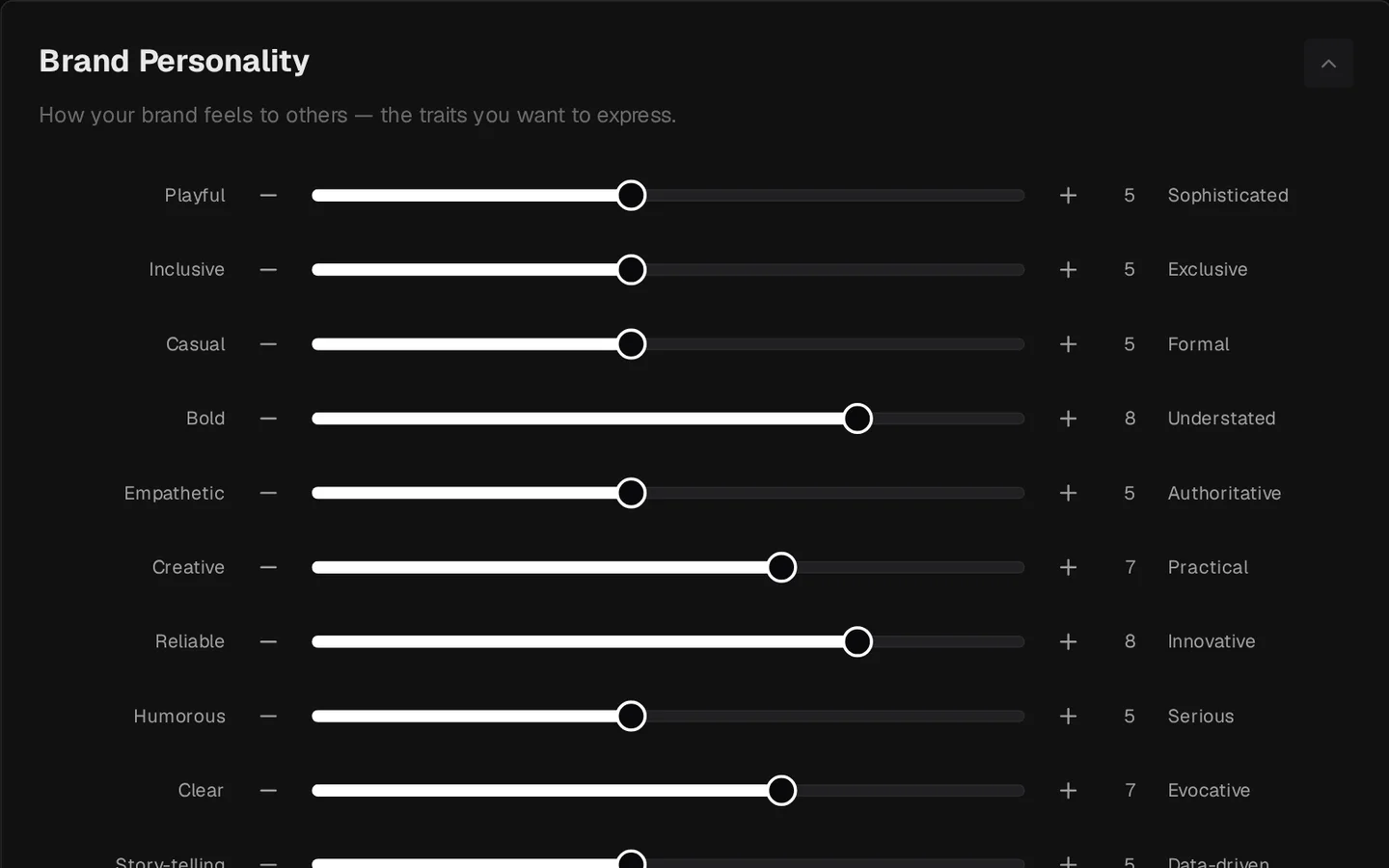 The Context Deck strategy page, with personality sliders and the live voice context beside them